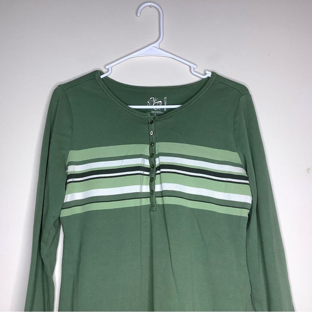 < Y2K Green Striped Henley Long Sleeve Shirt > - Picture 2 of 5